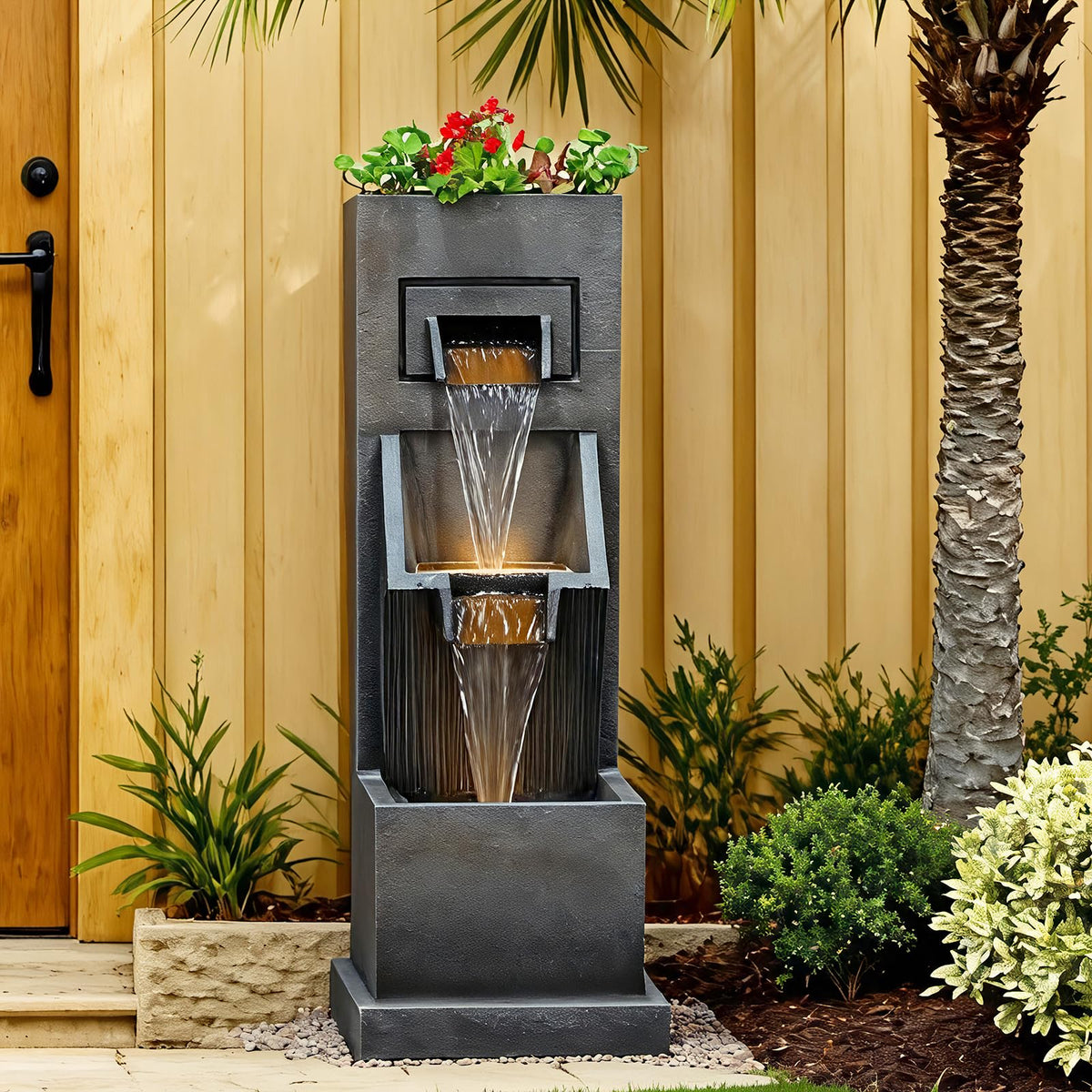 35H Modern Outdoor Water Fountain with 3 (35.4" Tall / Grey-35.4")