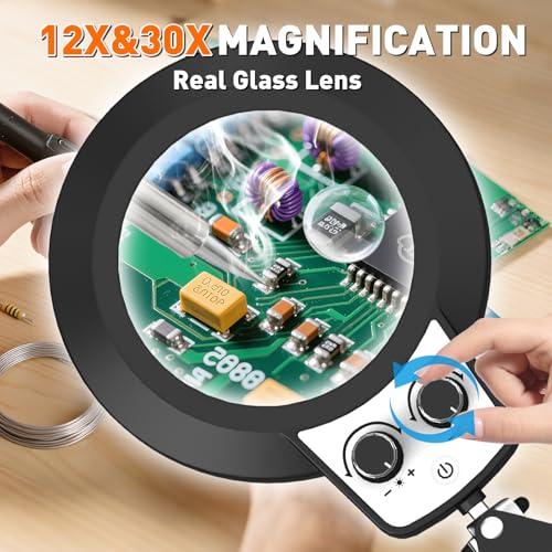 12X 30X Magnifying Glass with Light and Stand (12X 30X 35 INCH Clamp)