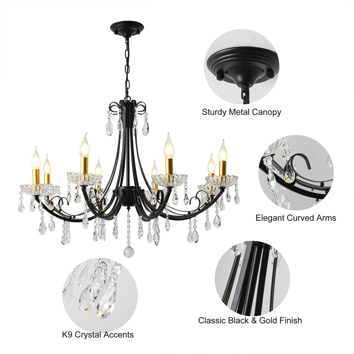 Black Crystal Chandeliers for Dining Room (Black&Gold-8light)
