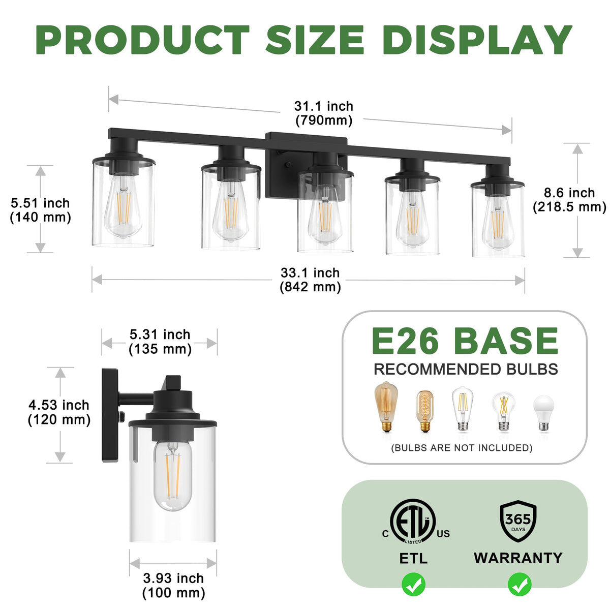 Bathroom Vanity Light Fixture Over Mirror Modern 5 (Black / 5-Light)