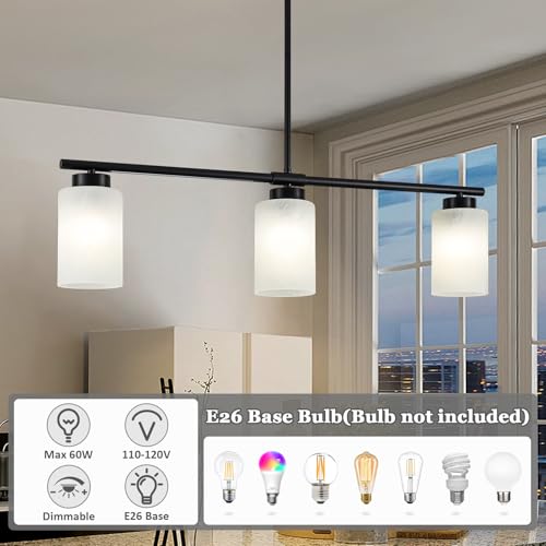 31" Kitchen Island Lighting 3 Light Black Pendant Light for Kitchen Island with Milk Glass Shade Modern Linear Chandelier Adjustable Hanging Farmhouse Light Fixtures Over Dining Table Living Room (Black / 3-light)