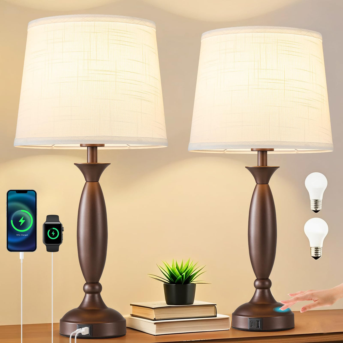 23" Touch Lamps for Nightstand Set of 2 (Brown & White Shade)