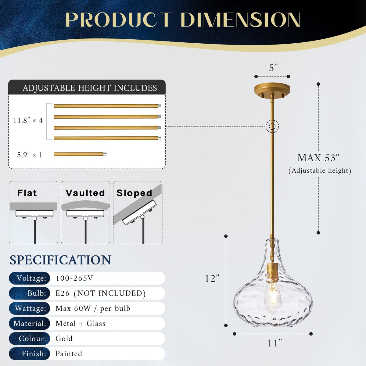 11" Clear Hammered Glass Pendant Light (Gold)