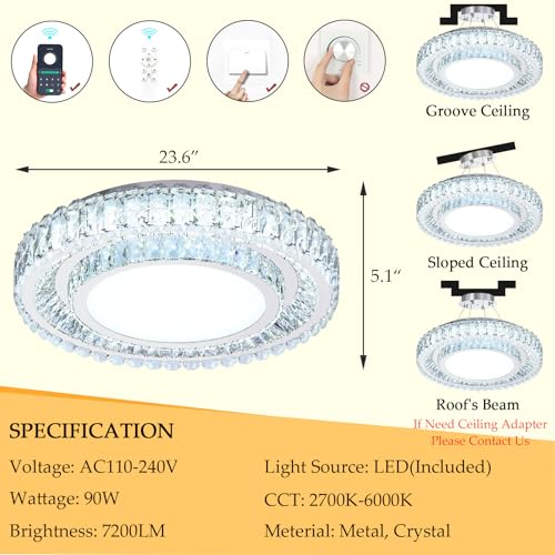 23.6" Dimmable Crystal Chandelier Modern LED Flush Mount Ceiling Light Fixtures for Living Room Bedroom Hallway Kitchen Island Staircase Silver (23.6" Silver)
