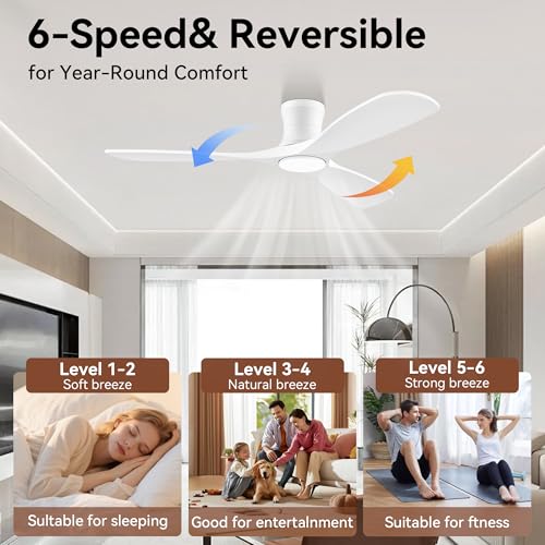 52In Wood Flush Mount Ceiling Fans with Lights and Remote (White Wood)