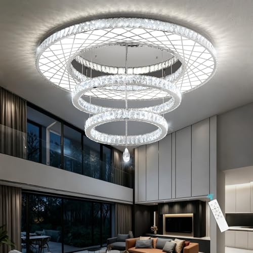 48 inch Large Size Glam Chandelier Crystal Ceiling Light for Living Room Chandeliers Lighting Fixtures with Remote Dimmable LED Light (48 inch / Silver)
