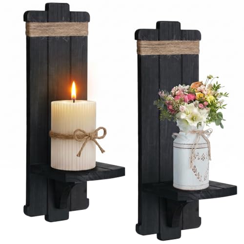 Handmade Wooden Candle Sconces Set of 2 Farmhouse Wall Decor (Black / 5.3"L x 4.7"W x 16"H)