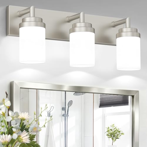 Bathroom Light Fixtures (Nickel-White Shade / 3-Light)