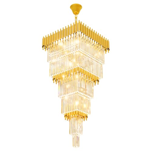 Modern Gold Crystal Staircase Chandelier Large Foyer Chandelier for High Ceiling Long Entryway Chandeliers Adjustable Chain for Hall Living Room Entrance W24 x H80 17 Lights (D24"XH80" Gold)