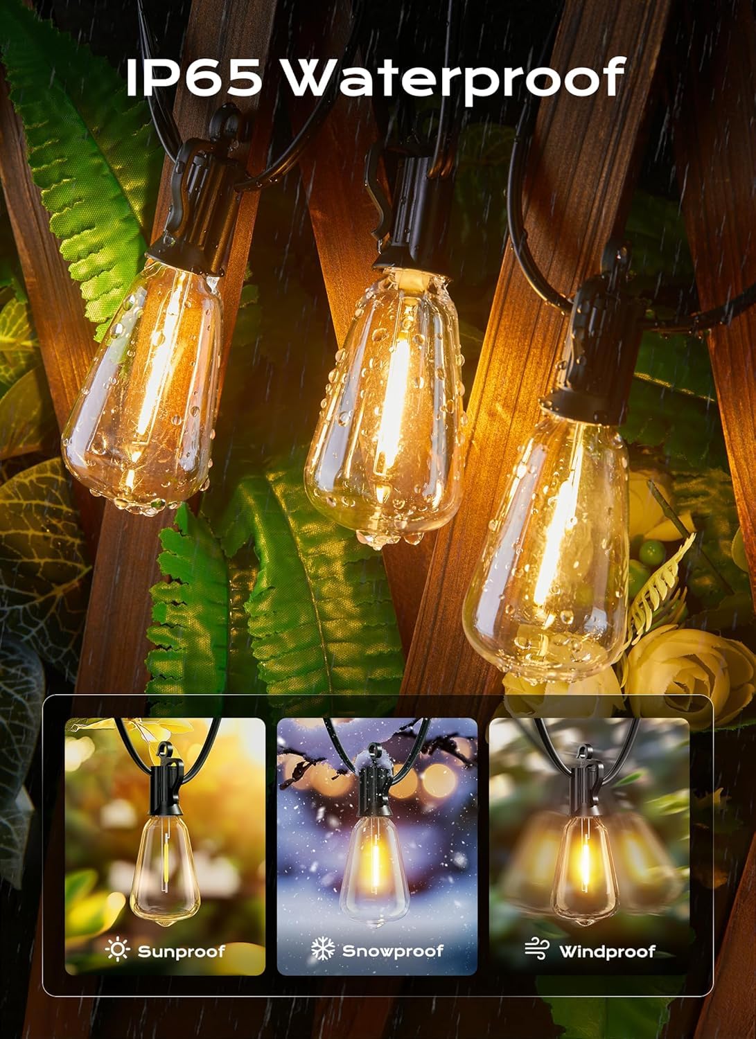Outdoor String Lights Patio Lights 100FT ST38 Waterproof Dimmable (Black / 100FT)