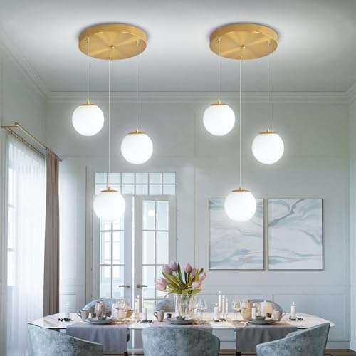 3 Light White Globe Pendant Light Modern Bubble Chandelier Gold Pendant Chandelier for Dining Room Kitchen Island Foyer Hallway (Gold-White / Globe 3-Light)