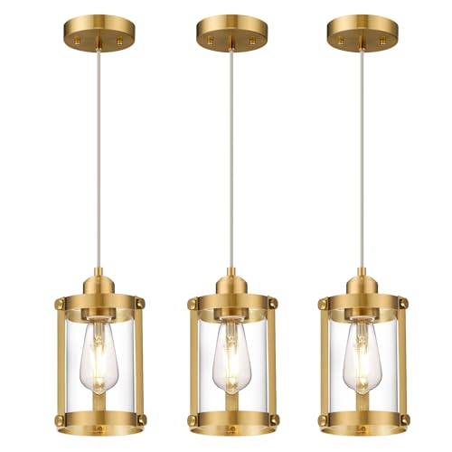 Brushed Gold Pendant Lights Kitchen Islands (Gold + Clear Glass / 1-Light Pendant, 3 Pack)