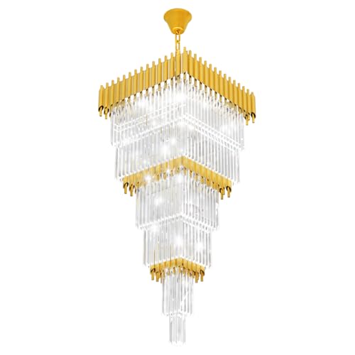 Modern Gold Crystal Staircase Chandelier Large Foyer Chandelier for High Ceiling Long Entryway Chandeliers Adjustable Chain for Hall Living Room Entrance W24 x H80 17 Lights (D24"XH80" Gold)