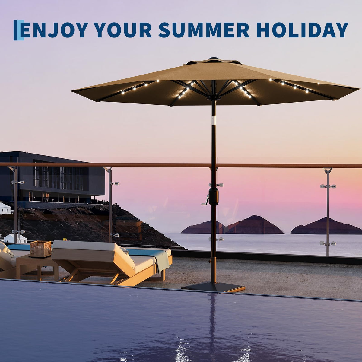 9FT Solar LED Patio Umbrella with Tilt & Crank (Tan / 9FT)