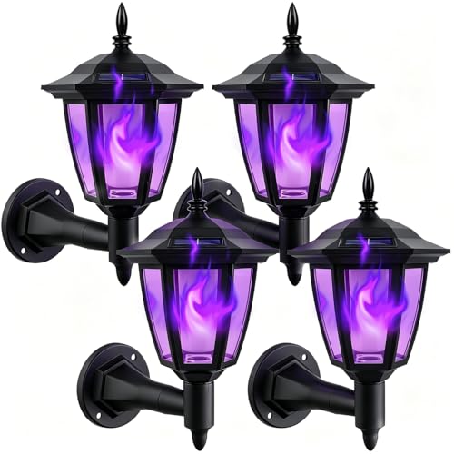 4 Pack Solar Flame Wall Lanterns Outdoor (Purple / 4 Pack)