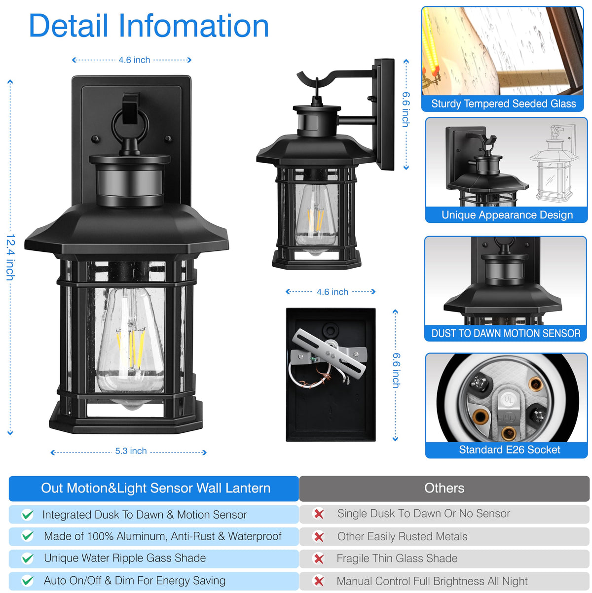 2 Packs Motion Sensor Outdoor Lights (Black / 12.4 in Motion Sensor 2 Pack)