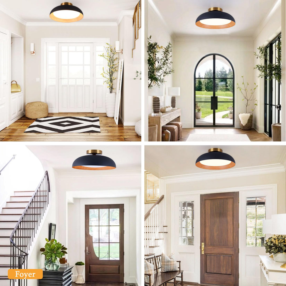 Flush Mount Ceiling Light (Matte Black with Wood Accent-5CCT / 12.5 Inch-1 Pack)