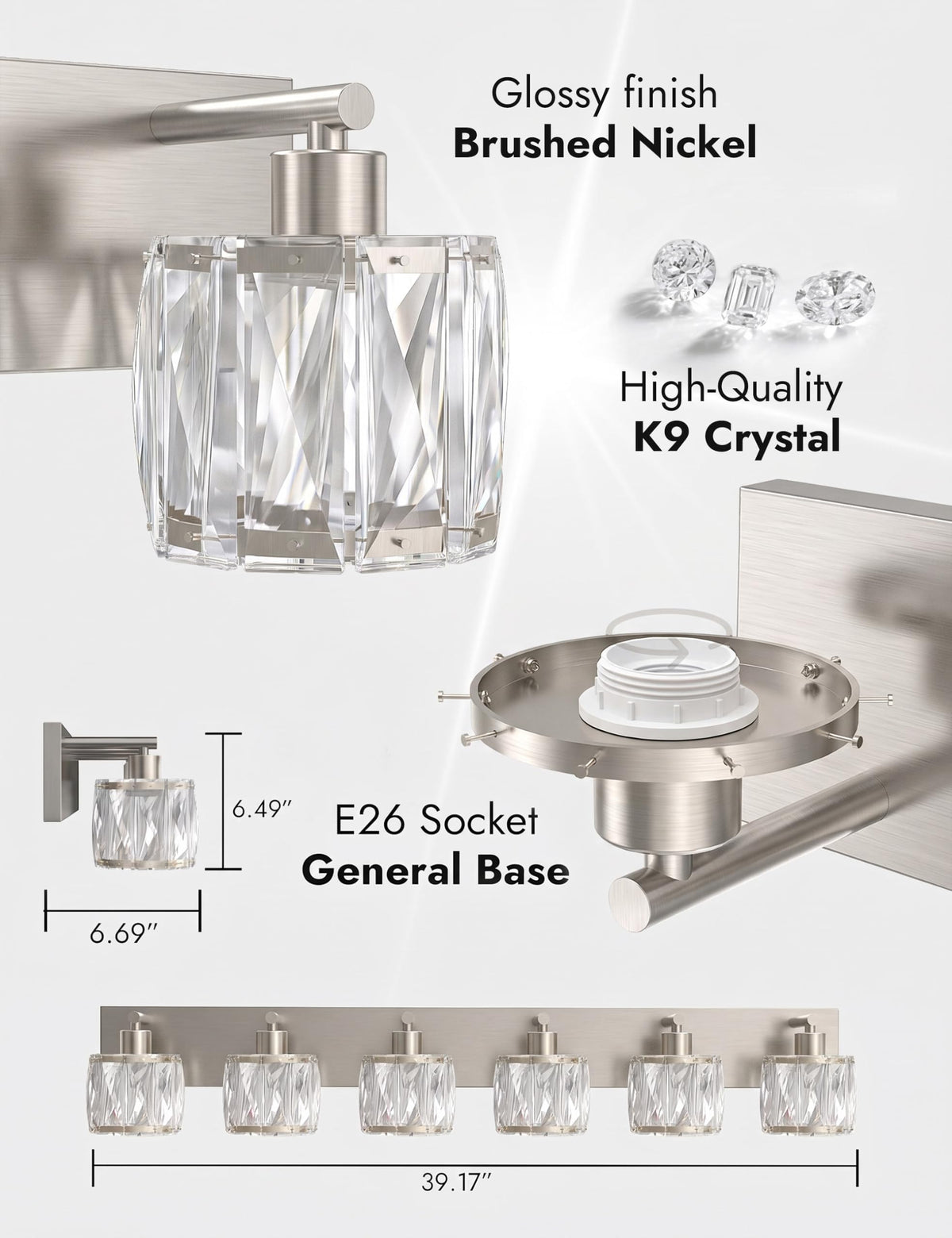 6 Light Crystal Bathroom Vanity Light Fixtures (Brushed Nickel-Round / 6 Light)