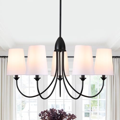 5 Light Vintage Farmhouse Chandeliers for Dining Room with White Fabric Shade