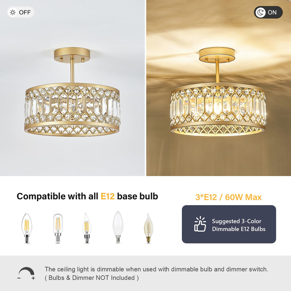 Crystal Gold Ceiling Light (Gold / 12 Inch)