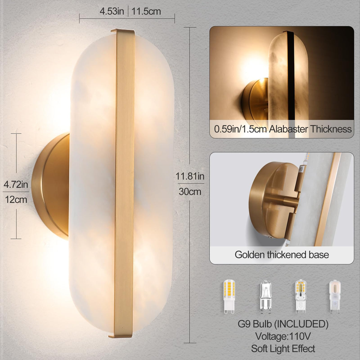 Natural Alabaster Wall Sconces Marble Wall Sconces Gold Bathroom Vanity Wall Light Fixture Stone Wall Lamp Modern Alabaster Sconces Wall Lighting for Bedroom Living Room Hallway Restaurant (Gold / 30cm-1 Pack)
