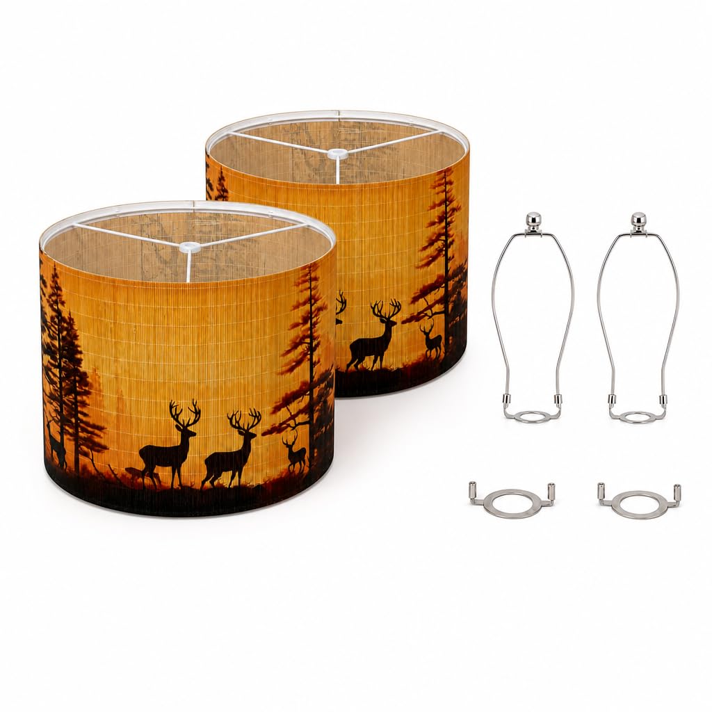 2 Pack Deer Forest Print Drum Lampshade 13x13x10 in (Bamboo print deer)