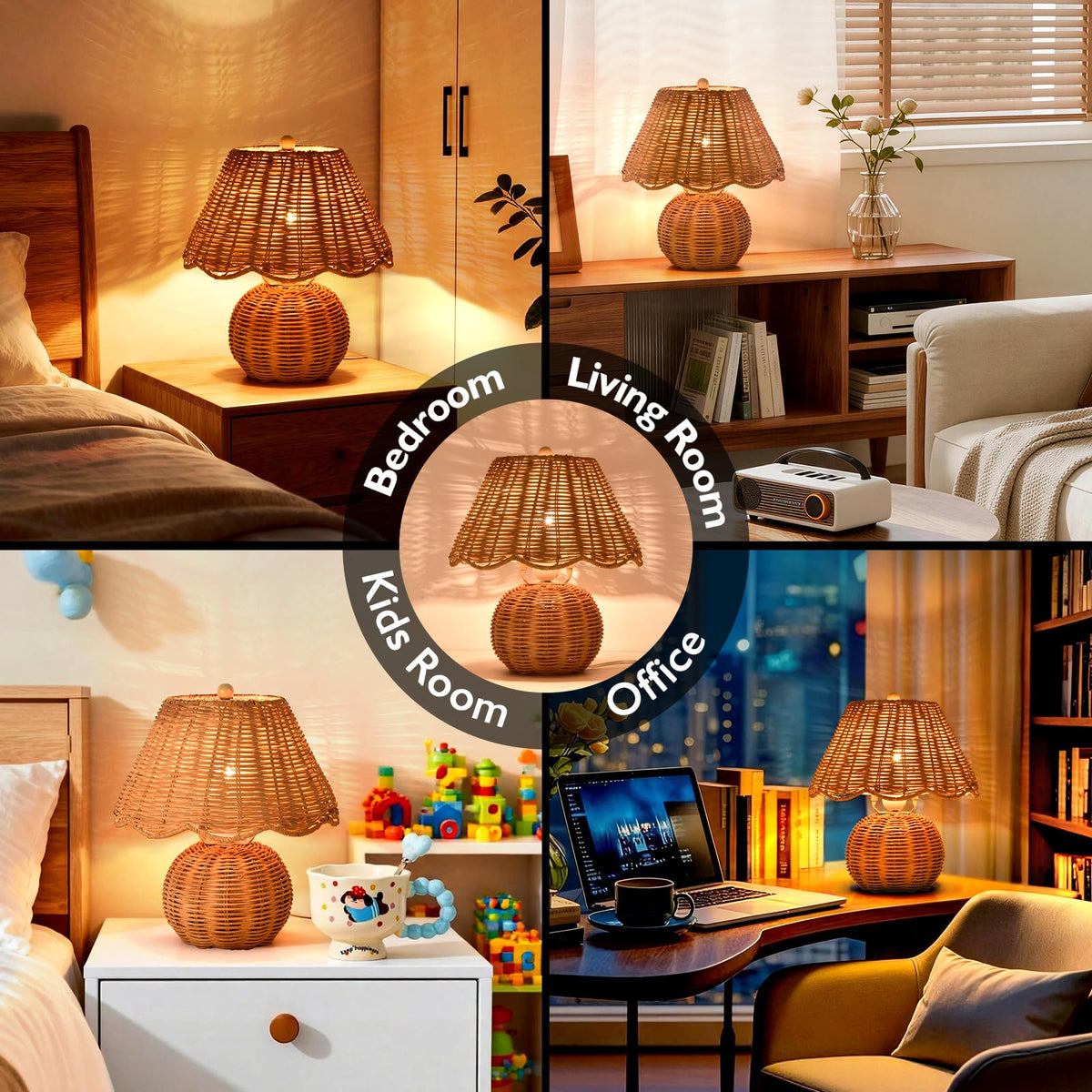 Rattan Small Bedside Mini Table Lamp for Bedroom (Rattan-Dark / On/Off Switch)