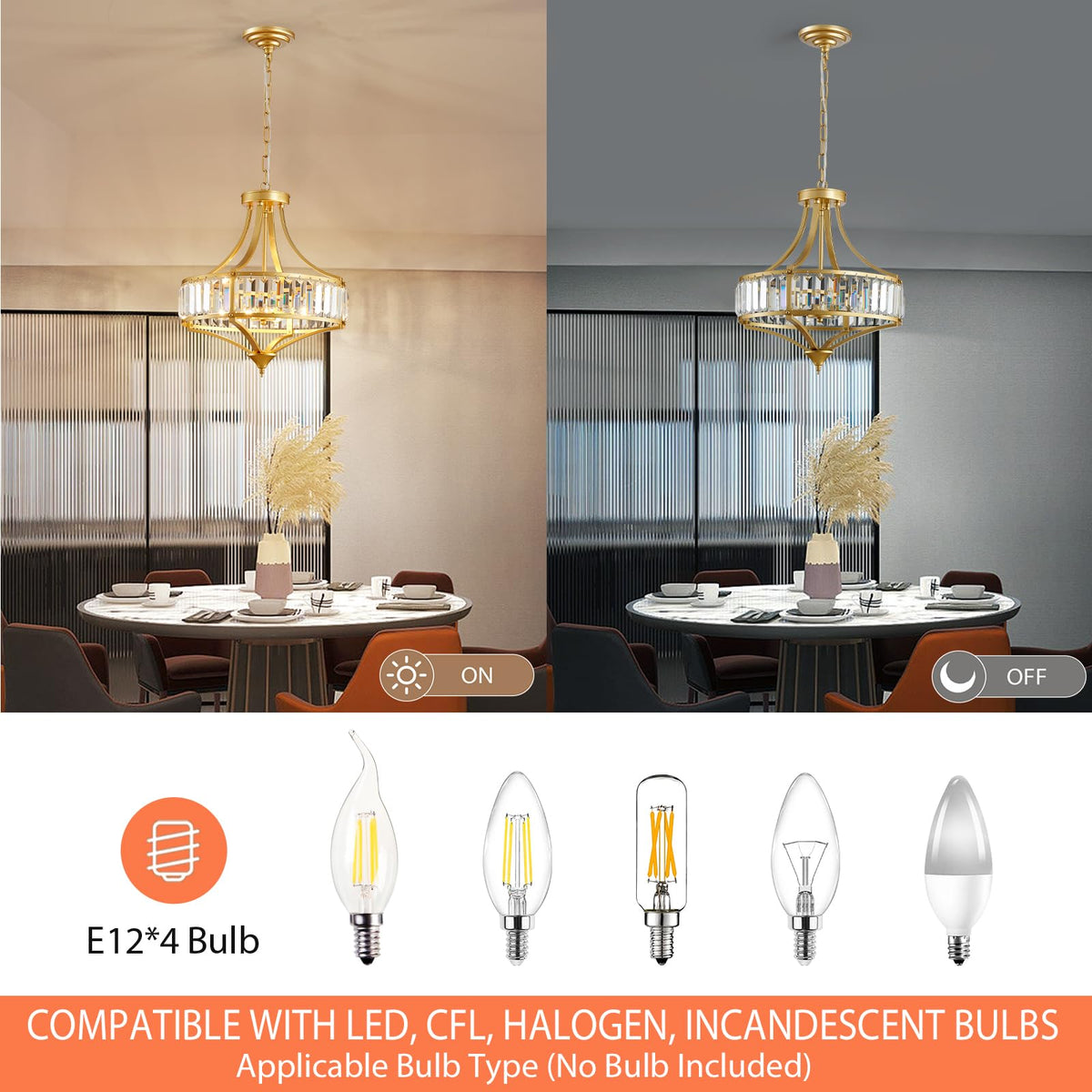 Gold Chandeliers for Dining Room Modern Round Crystal 4 Lights Rustic Pendant Lighting Fixture with Metal Lampshade for Living Room Hallway Bedroom Foyer (15.7" Gold)