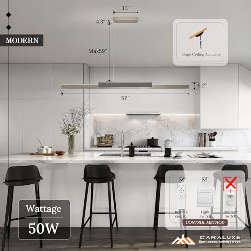Modern LED Linear Pendant Light 57in Brushed Nickel Island Light Dimmable (Nickel Wood / 57'')