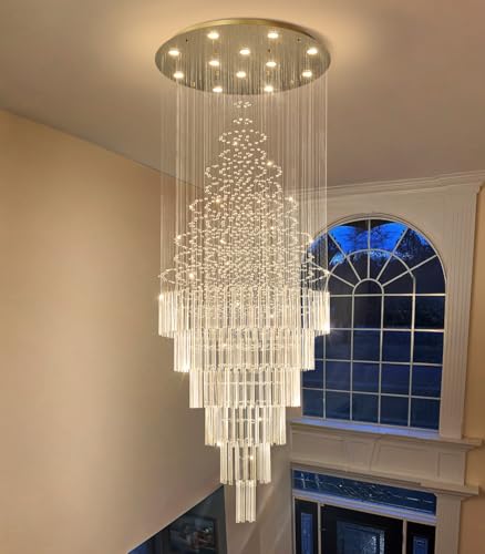 W32 x H100 Glam Chandelier with LED Bulbs Crystal Raindrop High Ceiling Pendant Light for Entrance Large Villa Chandelier Foyer Lighting Fixtures Gold (Gold / Round W32" X H100")
