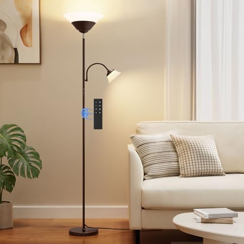 2-in-1 Torchiere Floor Lamp, 34W Super Bright LED Standing Lamp with Remote & Touch Control, 72" Dimmable Adjustable Corner Reading Lamp for Living Room, Bedroom, Office, Brown (Brown)