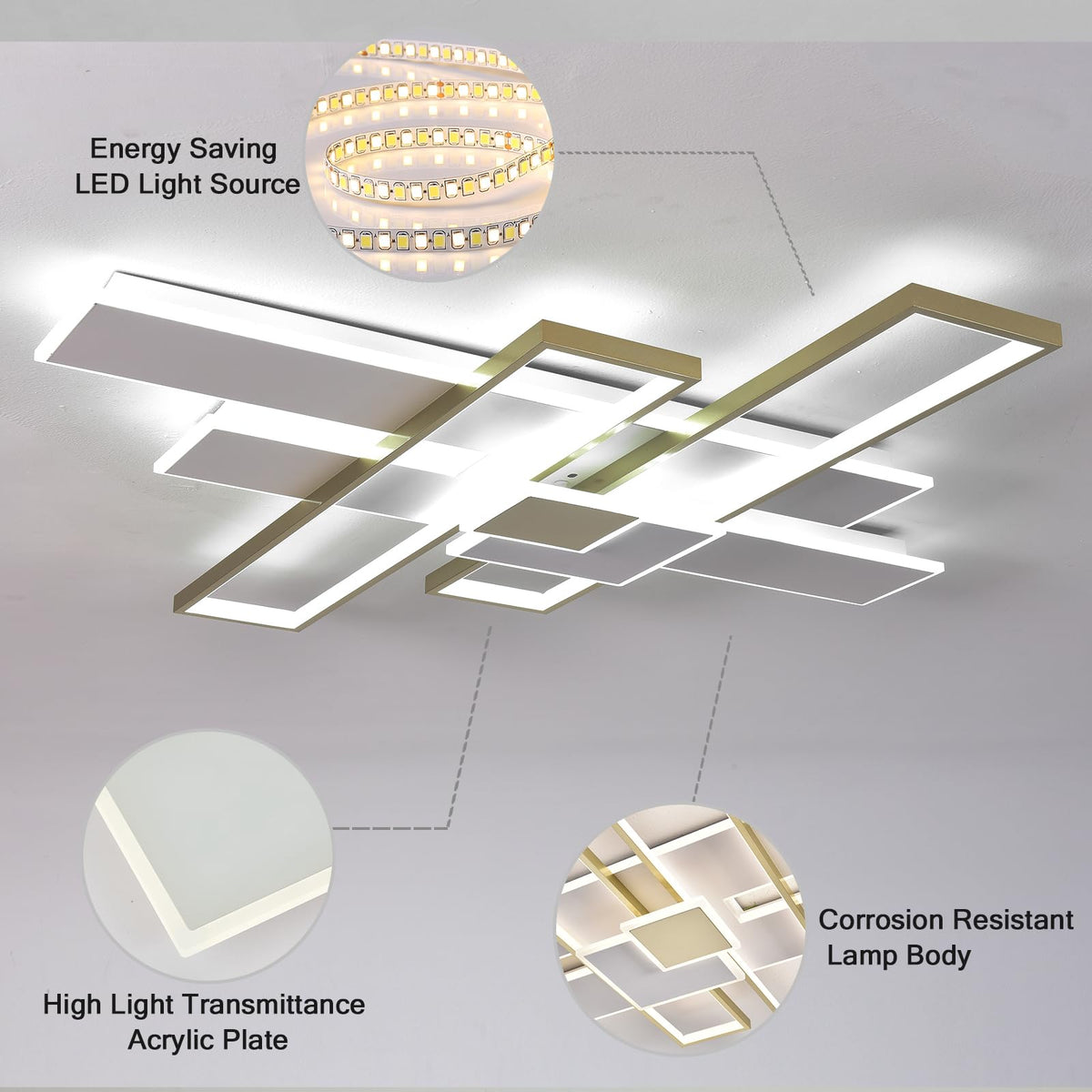 Large Modern LED Ceiling Light Fixture Flush Mount Dimmable Geometric Living Room Light Fixture Ceiling Lamps 3000K (Gold / X-Large,L41xW40in)