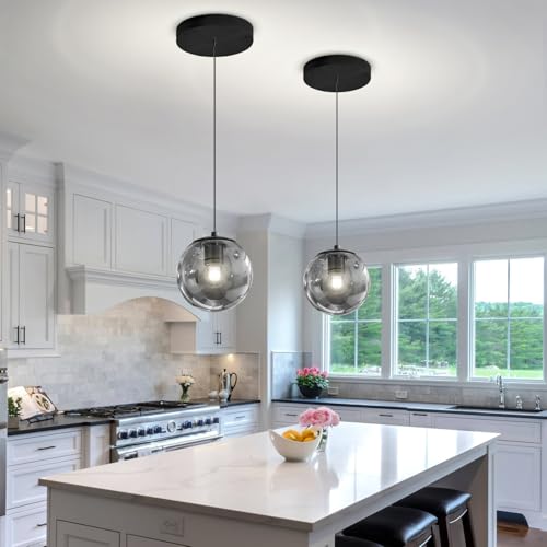 1 Light Black Pendant Light Fixtures Modern Smoke Gray Glass Globe Pendant Lights Kitchen Island Adjustable Hanging Lights Globe Stairwell Lighting Black Chandelier for Dining Room (Smoke Grey / Globe 1-Light)