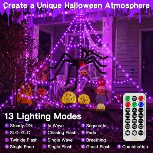 Halloween Sipder Web Lights 266 LED 9.8 FT Tall with Red Eyes Giant Spider (Purple / 9.8FT)