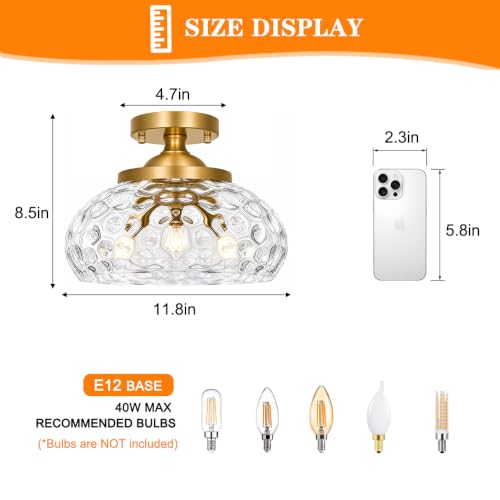 Mid Century Gold Ceiling Light with Hammered Glass Shade (Gold & Hammered Glass / 12in)