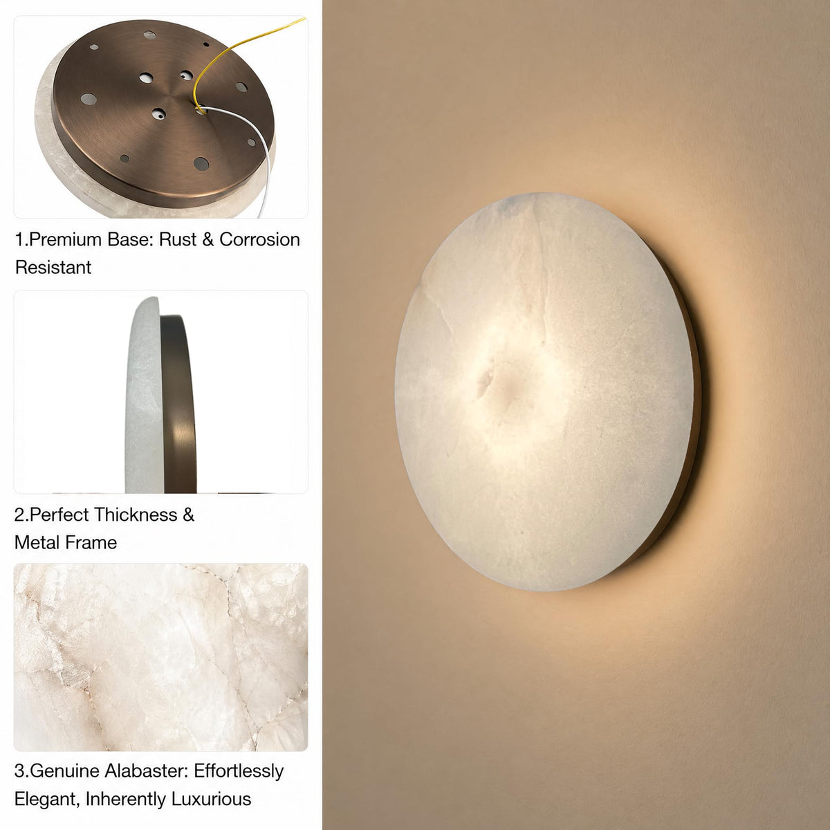 7.87 Inches 2PCS Round Alabaster Wall Sconce Marble Light Hardwired Wall Sconce for Bedroom Marble Stone Light Decor for Wall Lamp Natural Stone Material Wall Lamp for Stairs (7.87"-2PCS)