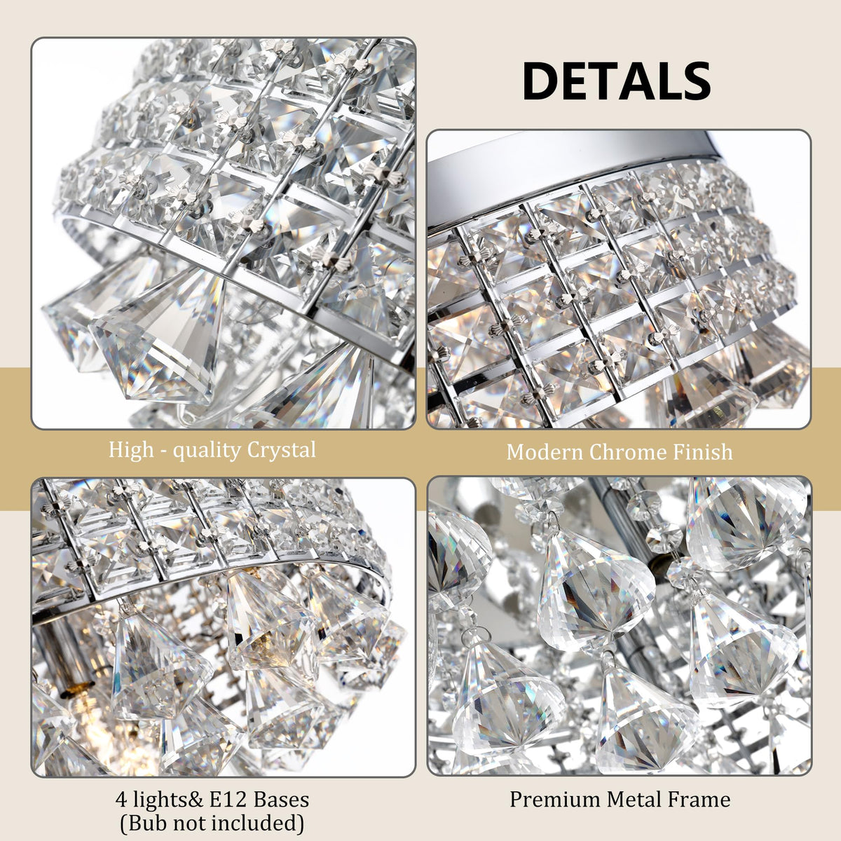 4 Lights Crystal Chandelier (15"Wx7.3"H / Chrome)