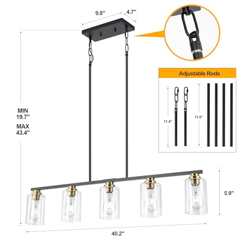 Island Light for Kitchen (Black & Gold / 5 Light + Clear Glass)