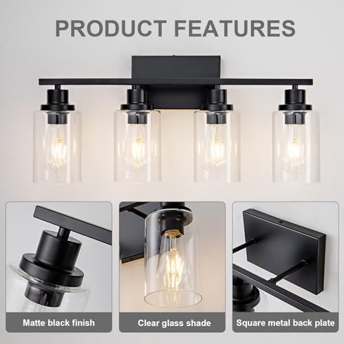 4 Light Black Bathroom Vanity Light Fixture Over Mirror Modern Farmhouse Wall Lighting Sconces Industrial Wall Lamp for Bathroom Bedroom Living Room E26 Socket with Glass Shade (Black / 4 Light)
