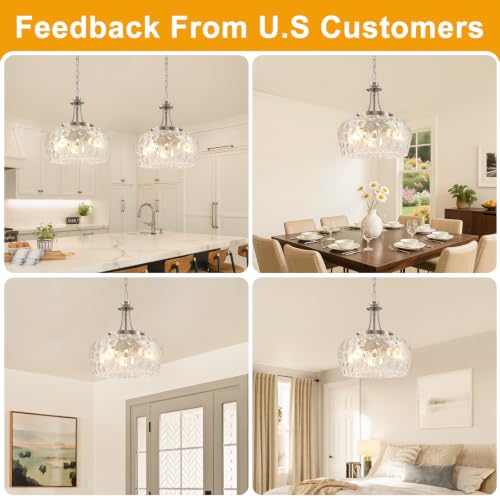 Modern Pendant Lights Kitchen Island (3-Light-Brushed Nickel-Clear Hammered Glass-14.2"(Easy To Install))