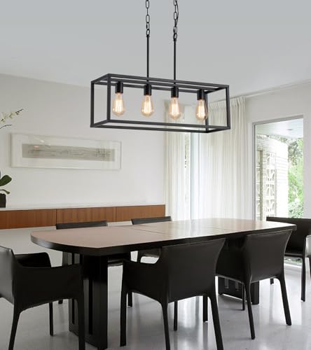 Black Rectangle Island Lighting Rectangular Modern Industrial Chandelier 4 Lights Linear Vintage Cage Light Fixtures for Kitchen Dining Room (4-Lights)