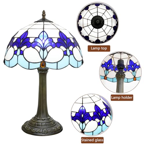 Tiffany Lamp Stained Glass Lamp Blue And White Iris Bedside Table Lamp Village Retro Rustic Style Nightstand Living Room Bedroom Office Kitchen Home Decor Accent Mid Century Reading Desk Light 12 Inch (Iris Flower Lamp)