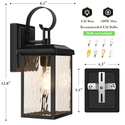 2 Pack Outdoor Wall Light Fixtures with Water Ripple Glass (Black with Watter Ripple Glass / 12.8")