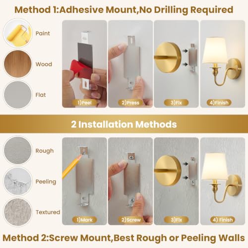 Battery Operated Wall Sconces set of 2 (Brushed Gold / 2 Pack)