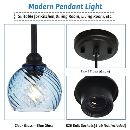 2 Pack Pendant Lights Kitchen Island with Blue Striped Swirl Globe Glass (Blue / 1-Light-2 Packs)