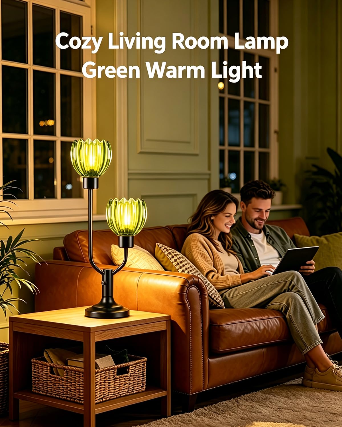 Vintage Green Glass Flower Table Lamp Dimmable Nightstand Lamp (01-Black-Green-Bud)