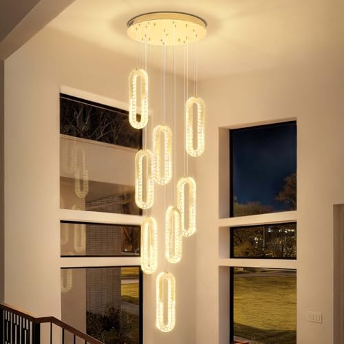 Modern Led Gold Chandelier Adjustable 8 Rings Crystal Chandelier for Foyer Stairwell Crystal High Ceiling Pendant Light Dimmable 2700K (Gold / 8 Rings (New))