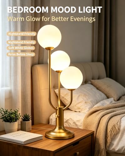 Gold Globe Table Lamp for Bedroom Gift G9 Bulbs Included Dimmable (04-Gold-Globe-3U)