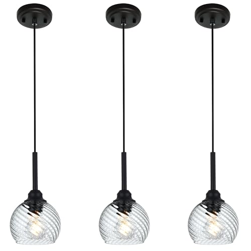 3 Pack Dining Room Light Fixtures Hanging with Clear Striped Swirl Globe Glass (Transparent / 1-Light-3 Packs)