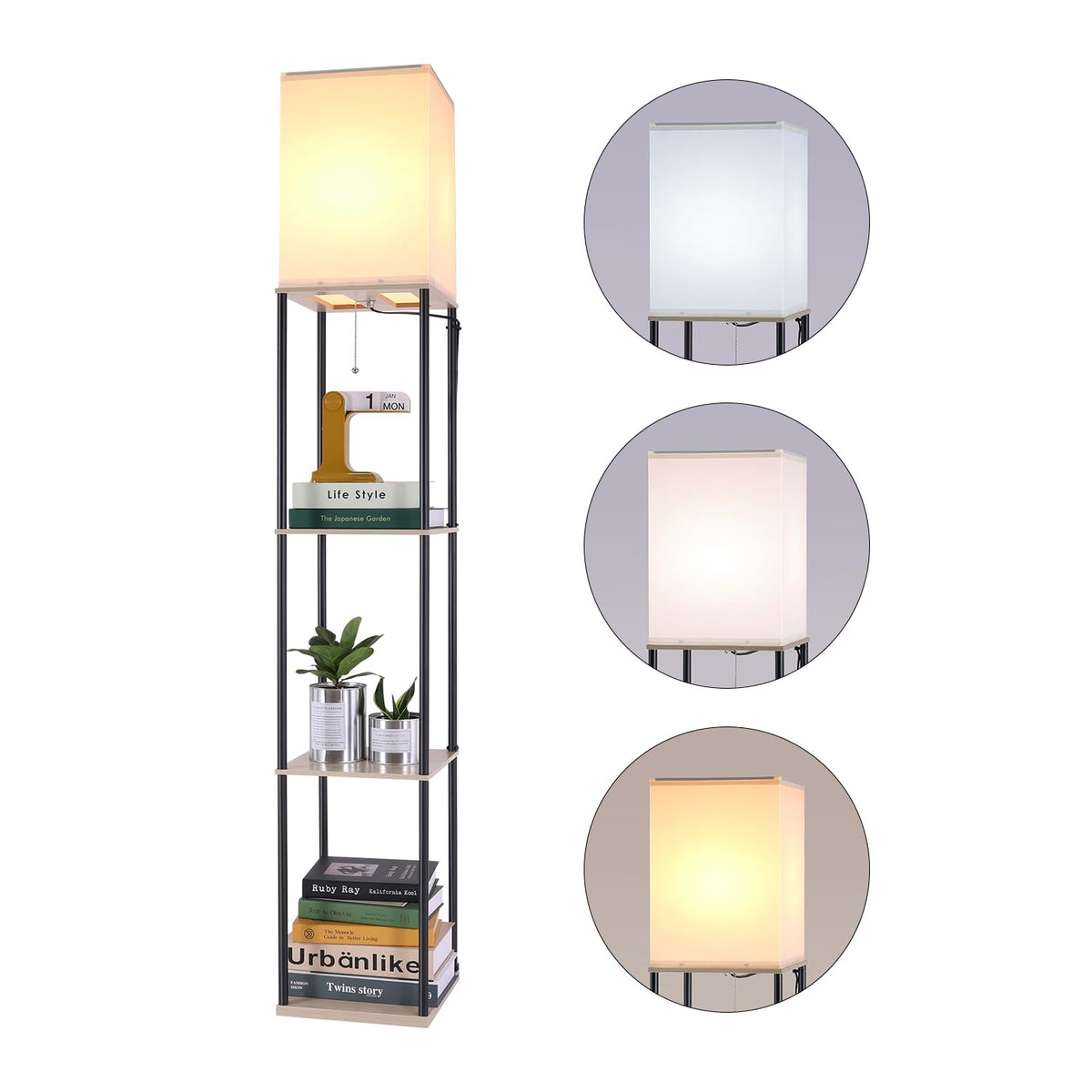 Floor Lamp with Shelves (Beige+Black-1 Pack)